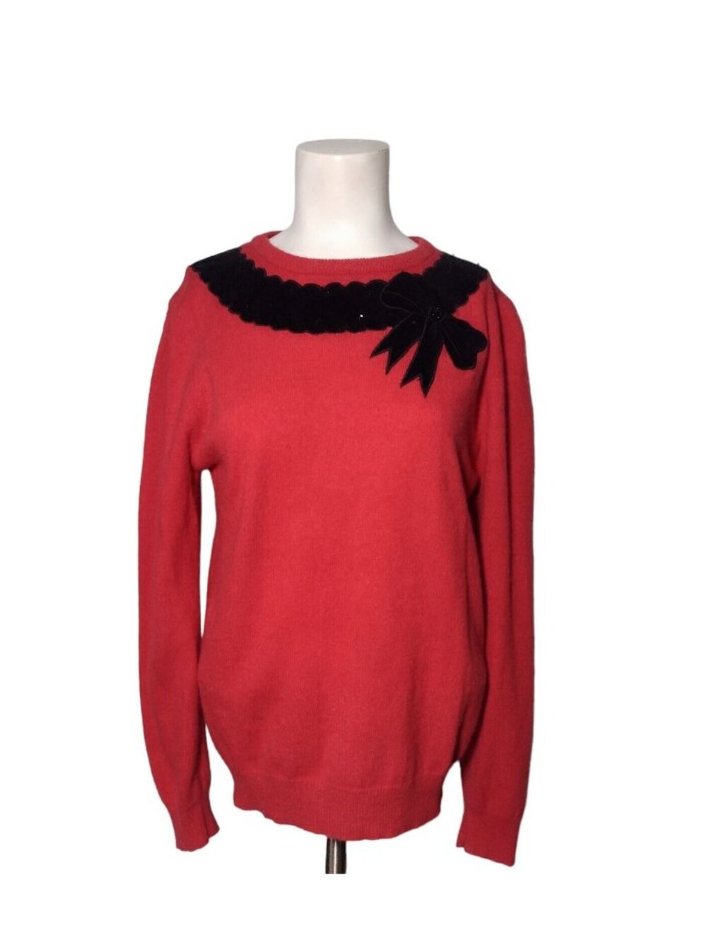 Vintage Koret Angora Lambswool Sweater M Sequin Velvet Bow Red Holiday Coquette